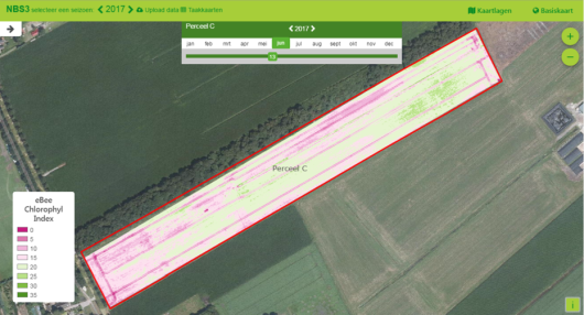 Figure 1: This figure shows the chorophyl index (CI) that was measured on a field with starch potatoes on 13 June 2017. It concerns a field on sedimentary soil where potatoes from the Axion variety were planted on 10 April.