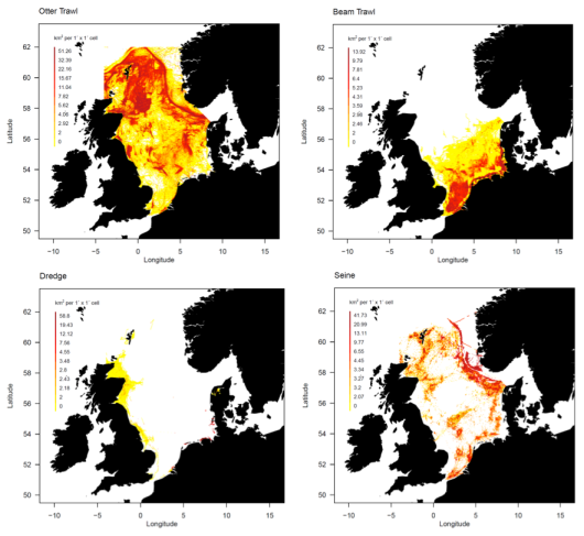 Figure 1. Fishing pressure intensities expressed as total swept area from 2010-2012 in grid cells of 1*1 minutes (or 1.9 km2) for four different gear groups: otter trawl, beam trawl, dredge and seine. Data from Norwegian, Swedish, Danish, German, Dutch, Belgian, English and Scottish vessels in the North Sea. If a grid cell is fished 1 time in 3 years, then the total area swept is approximately 1.9 km2. A swept area of 51 km2 means that the grid cell is swept 27 times in 3 years. Figure 1. Fishing pressure intensities expressed as total swept area from 2010-2012 in grid cells of 1*1 minutes (or 1.9 km2) for four different gear groups: otter trawl, beam trawl, dredge and seine. Data from Norwegian, Swedish, Danish, German, Dutch, Belgian, English and Scottish vessels in the North Sea. If a grid cell is fished 1 time in 3 years, then the total area swept is approximately 1.9 km2. A swept area of 51 km2 means that the grid cell is swept 27 times in 3 years.