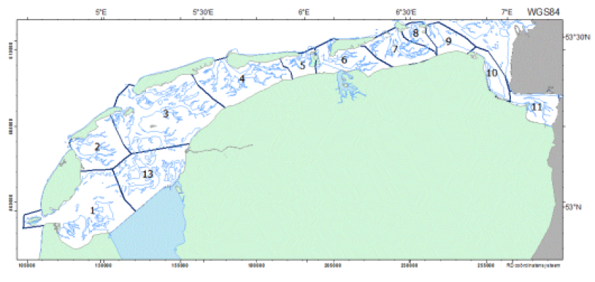 Figuur 1: Verdeling van de Nederlandse Waddenzee in de telgebieden. 