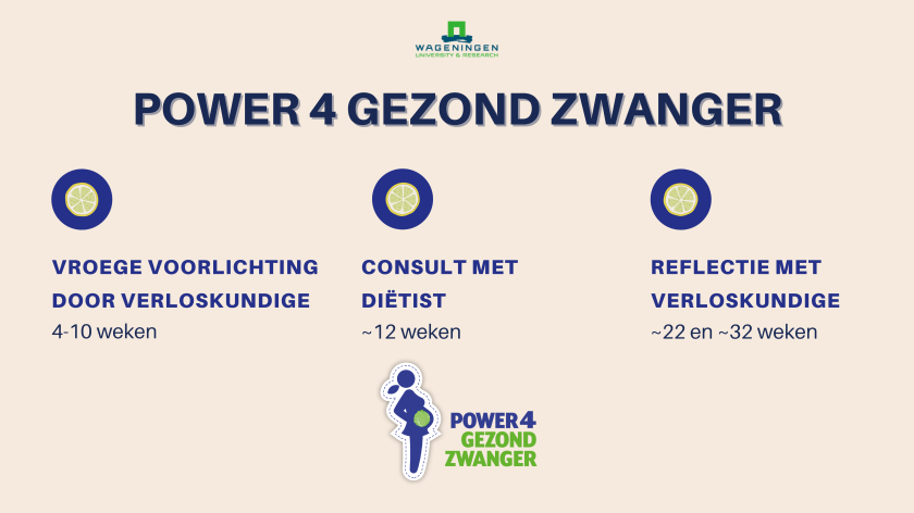 Bovenstaande afbeelding toont het programma van Power4GezondZwanger, waarbij vrouwen vier extra gesprekken voeren over voeding met verloskundige en diëtist