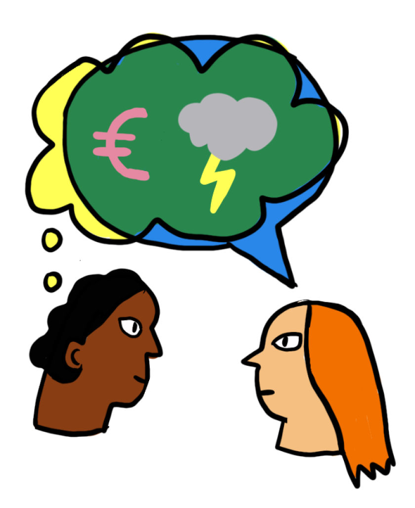Een cartoon die twee mensen afbeeldt die hetzelfde denken over wat schaarste met mensen doet. Een cartoon die twee mensen afbeeldt die hetzelfde denken over wat schaarste met mensen doet.