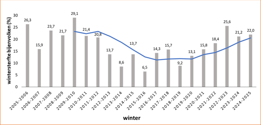 Overzicht van de gemeten wintersterfte over de periode 2005 tot en met 2024. De blauwe lijn geeft het vijfjarig gemiddelde weer op basis van voorgaande jaren. Overzicht van de gemeten wintersterfte over de periode 2005 tot en met 2024. De blauwe lijn geeft het vijfjarig gemiddelde weer op basis van voorgaande jaren.
