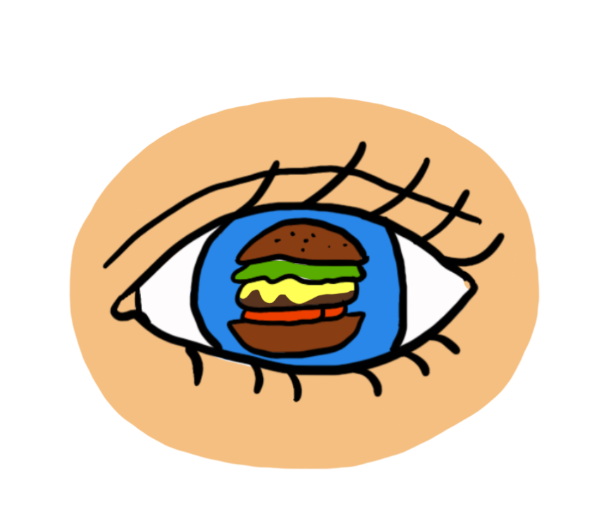 Een cartoon: een close up van een oog, in plaats van de pupil, zien we een hamburger. Een cartoon: een close up van een oog, in plaats van de pupil, zien we een hamburger.