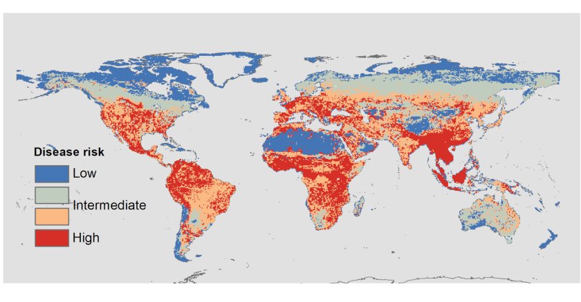 Ziekterisico in 2015 zoals het studiemodel voorspeld heeft, gebaseerd op de kenmerken van lokale zoogdiergemeenschappen.