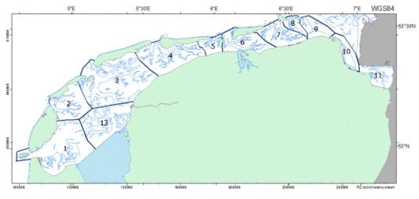 Figuur 1. Verdeling van de Nederlandse Waddenzee in de telgebieden.