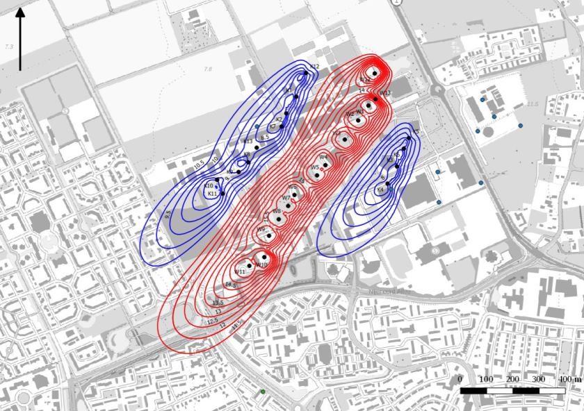Figure 2. Warm and cold streets with the wells (including 6 future wells) on Wageningen Campus