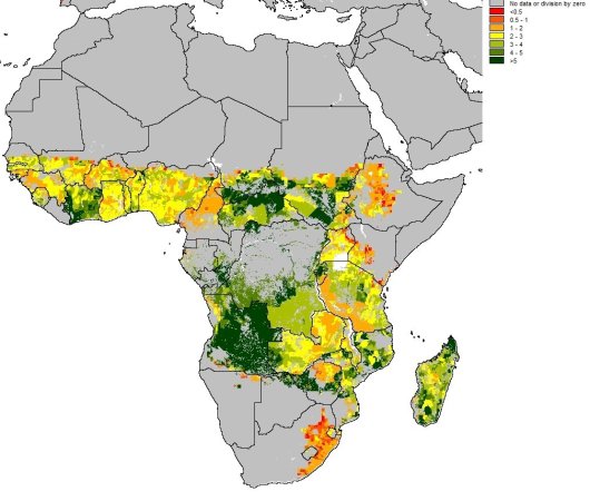 Figure 2: Ratio of fertilized rain fed maize yield (100 kg N ha-1; see Fig. 1) and actual maize yields around the year 2000. Figure 2: Ratio of fertilized rain fed maize yield (100 kg N ha-1; see Fig. 1) and actual maize yields around the year 2000.