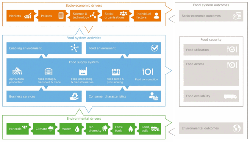 Bron: Van Berkum, Dengerink en Ruben (2018). The food systems approach: sustainable solutions for a sufficient supply of healthy food, Wageningen Economic Research. Bron: Van Berkum, Dengerink en Ruben (2018). The food systems approach: sustainable solutions for a sufficient supply of healthy food, Wageningen Economic Research.