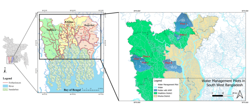 Left: Polders in south-east Bangladesh, Right: Close-up with pilot 1 in polder 25, pilot 2 in polder 26, pilot 3, 4 and 5 in polder 3 and pilot 6 in polder 10/12. Left map adapted from Ishtiaque et al. (2017)    