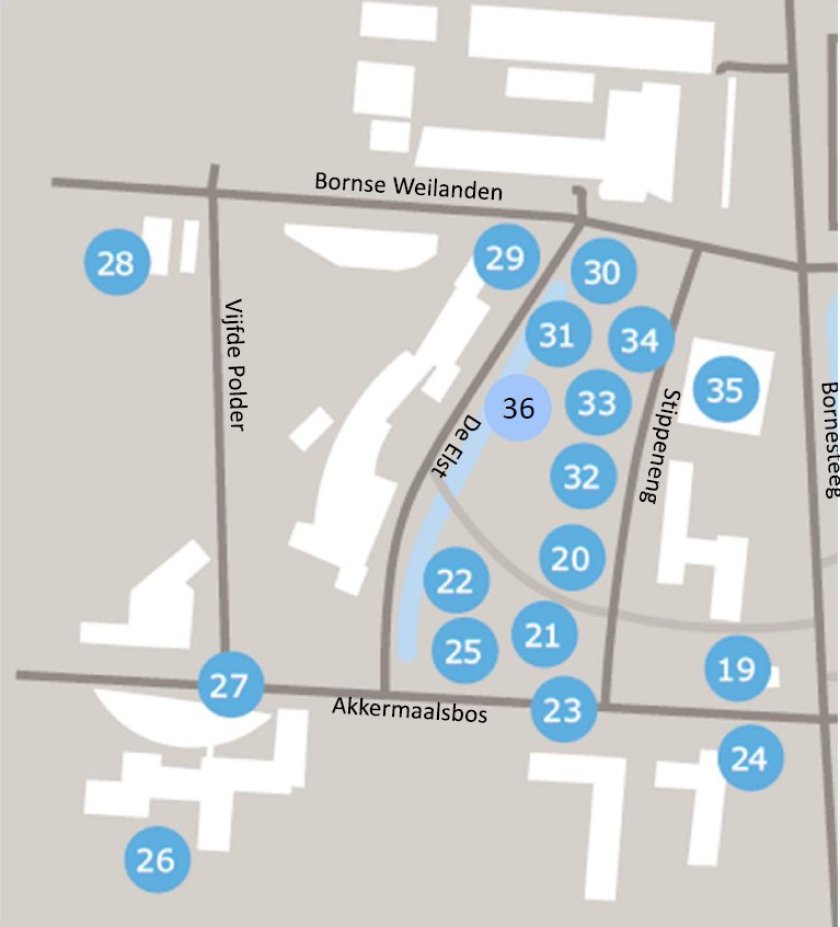 Map of Wageningen Campus - numbers indicate the location of the artworks