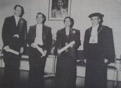 Prof. Dr Gelia T. Castillo, after promotion to WU honorary doctor on WU Dies Natalis on 9 March 1983, together with Rector Prof. Dr C.C. Oosterlee and the two other honorary doctors, H. de Bakker and J. Gremmen. Source: Wagenings Hogeschoolblad 11 March 1983, p. 4; photographer: Rein Heij Prof. Dr Gelia T. Castillo, after promotion to WU honorary doctor on WU Dies Natalis on 9 March 1983, together with Rector Prof. Dr C.C. Oosterlee and the two other honorary doctors, H. de Bakker and J. Gremmen. Source: Wagenings Hogeschoolblad 11 March 1983, p. 4; photographer: Rein Heij
